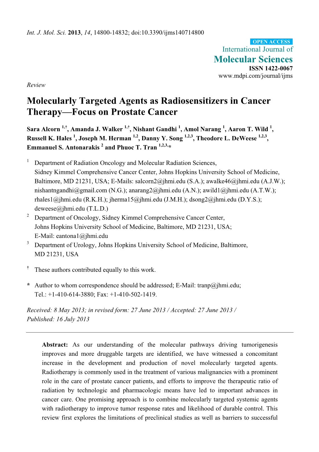 Molecularly Targeted Agents As Radiosensitizers in Cancer Therapy—Focus on Prostate Cancer