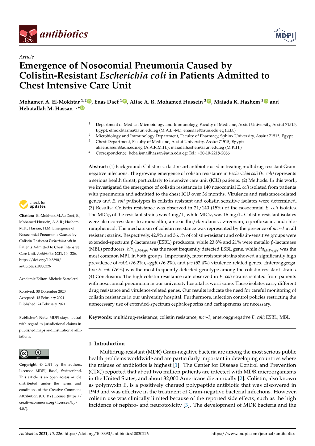 Emergence of Nosocomial Pneumonia Caused by Colistin-Resistant Escherichia Coli in Patients Admitted to Chest Intensive Care Unit