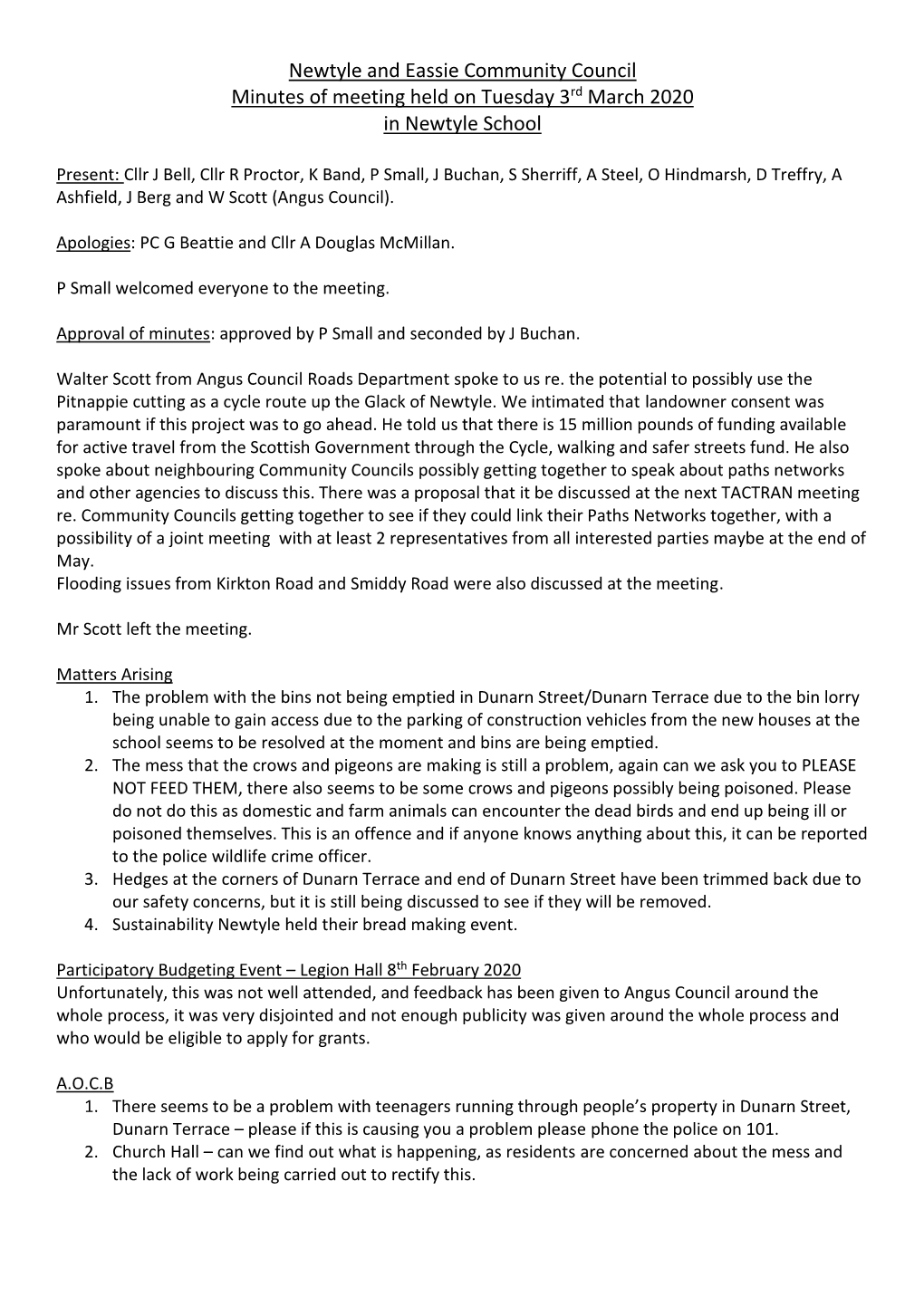 Newtyle and Eassie Community Council Minutes of Meeting Held on Tuesday 3Rd March 2020 in Newtyle School