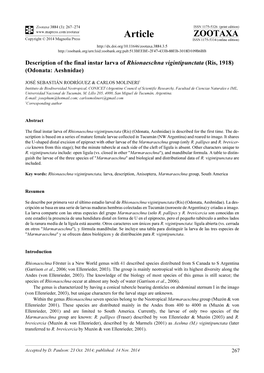 Description of the Final Instar Larva of Rhionaeschna Vigintipunctata (Ris, 1918) (Odonata: Aeshnidae)