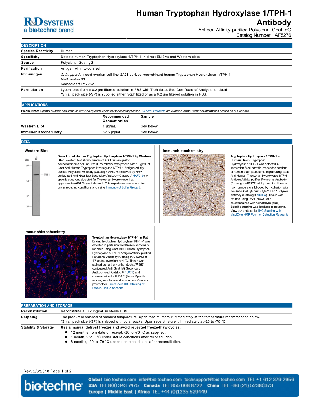 Human Tryptophan Hydroxylase 1/TPH-1 Antibody Antigen Affinity-Purified Polyclonal Goat Igg Catalog Number: AF5276