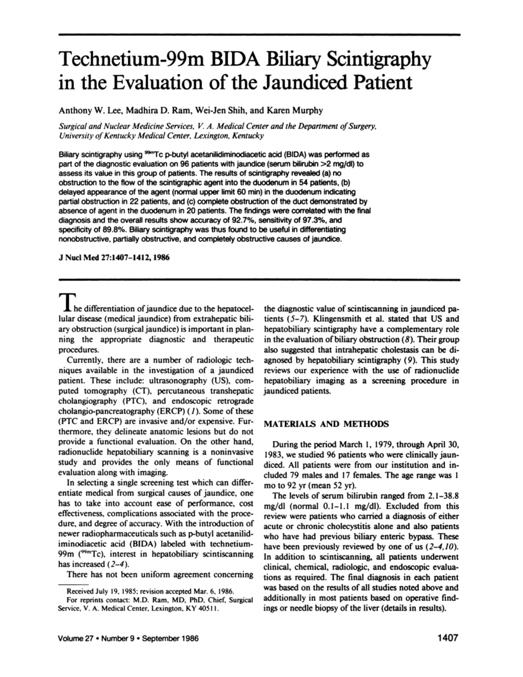 Technetium-99M BIDA Biliary Scintigraphy in the Evaluation of the Jaundiced Patient