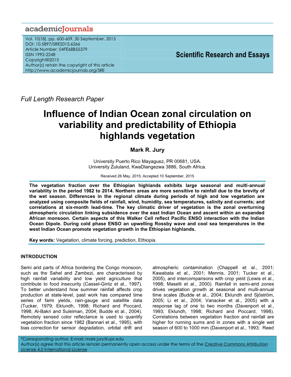 Influence of Indian Ocean Zonal Circulation on Variability and Predictability of Ethiopia Highlands Vegetation