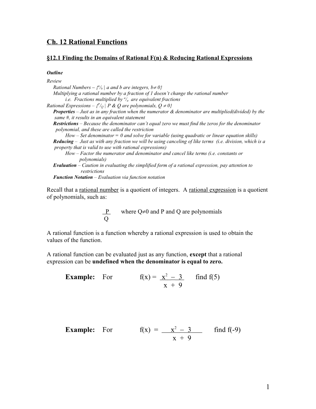 12.1 Finding the Domains of Rational F(N) & Reducing Rational Expressions