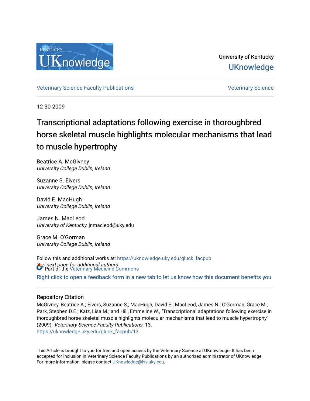 Transcriptional Adaptations Following Exercise in Thoroughbred Horse Skeletal Muscle Highlights Molecular Mechanisms That Lead to Muscle Hypertrophy