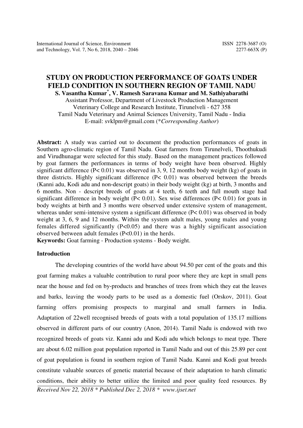 Study on Production Performance of Goats Under Field Condition in Southern Region of Tamil Nadu S