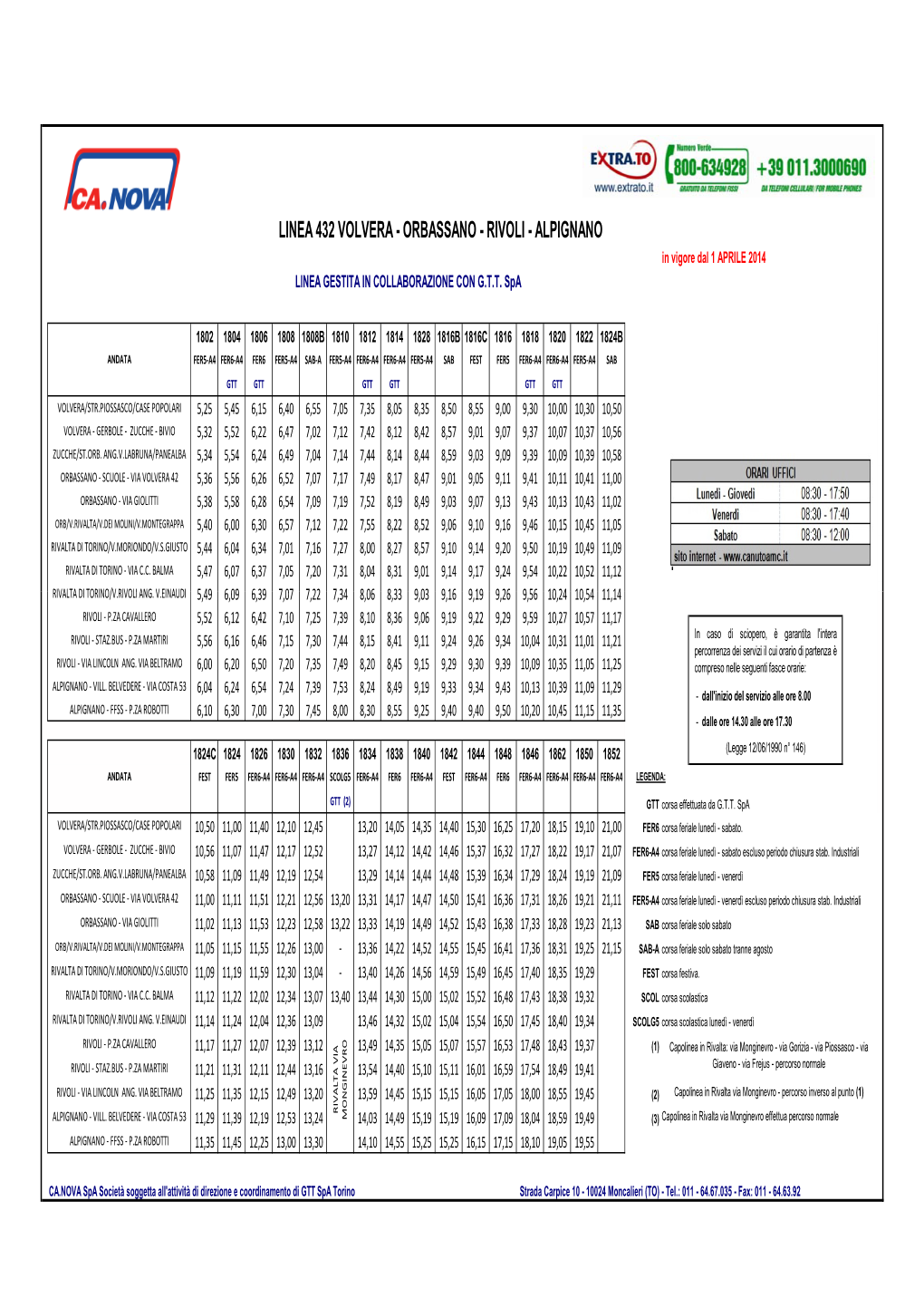 LINEA 432 VOLVERA - ORBASSANO - RIVOLI - ALPIGNANO in Vigore Dal 1 APRILE 2014 LINEA GESTITA in COLLABORAZIONE CON G.T.T