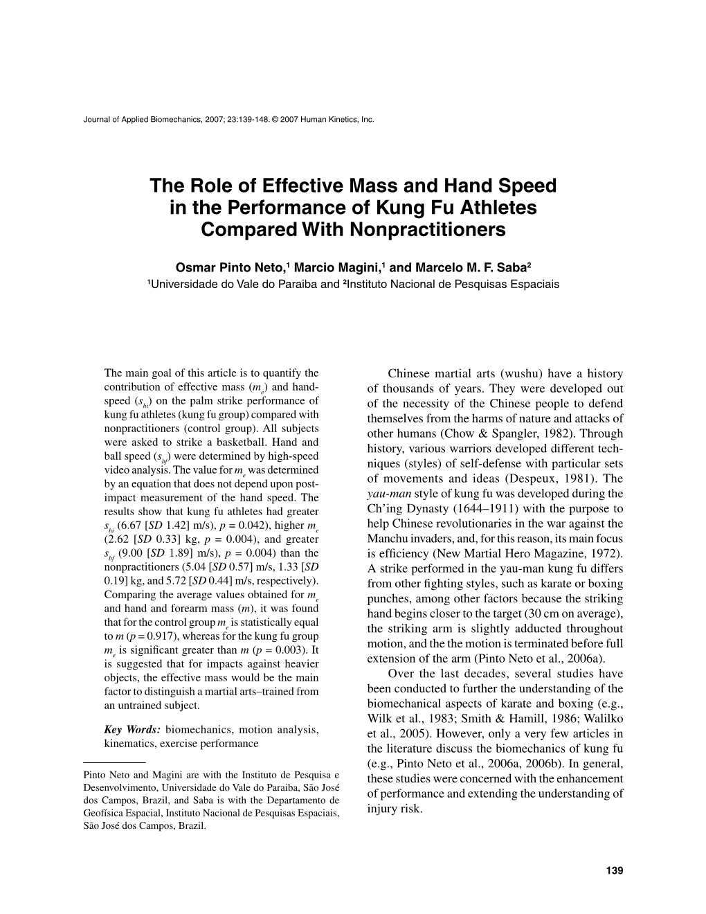 The Role of Effective Mass and Hand Speed in the Performance of Kung Fu Athletes Compared with Nonpractitioners