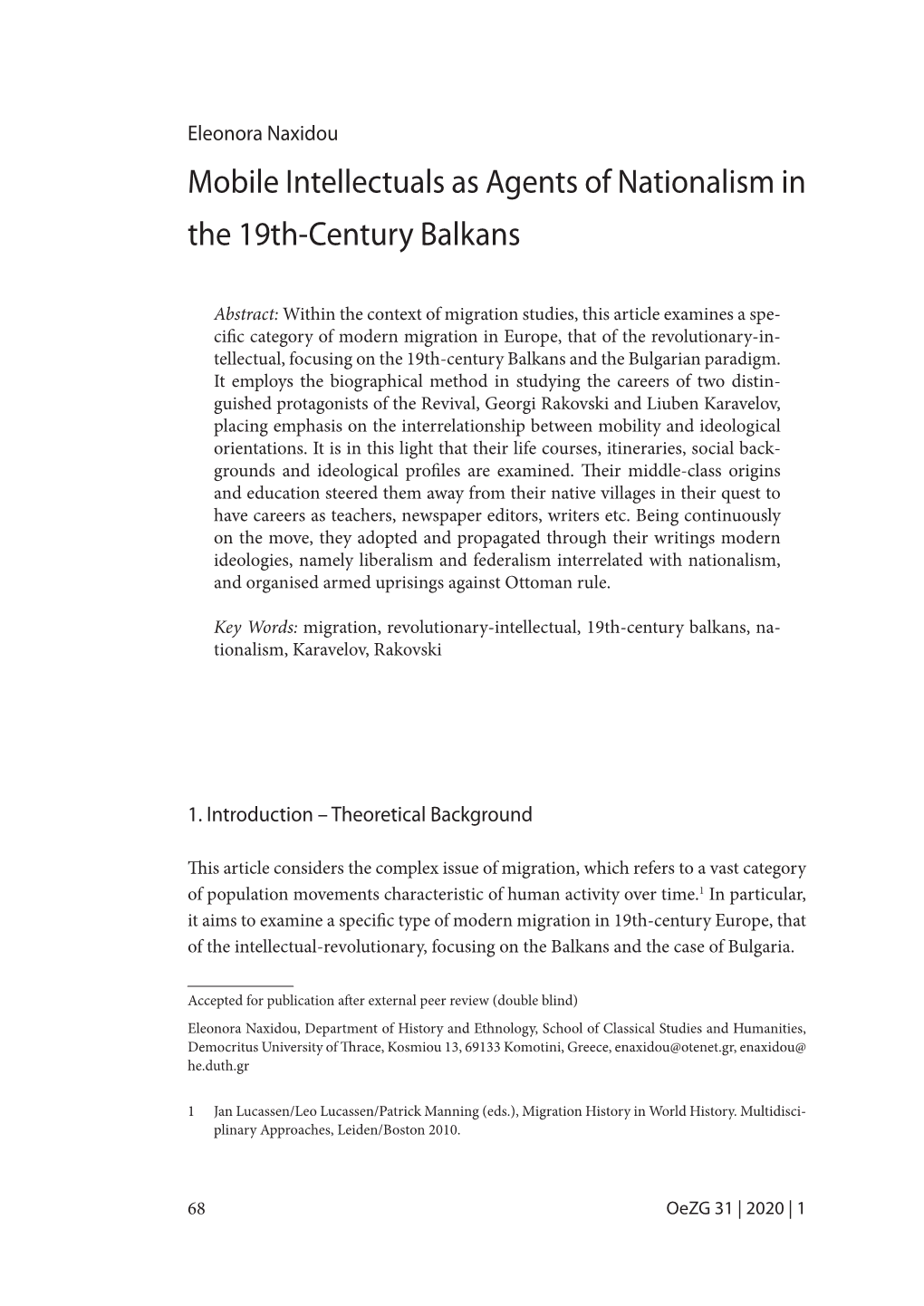 Mobile Intellectuals As Agents of Nationalism in the 19Th-Century Balkans