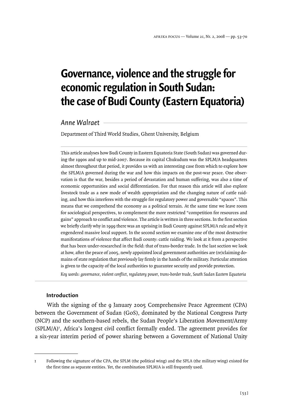 Governance, Violence and the Struggle for Economic Regulation in South Sudan: the Case of Budi County (Eastern Equatoria)