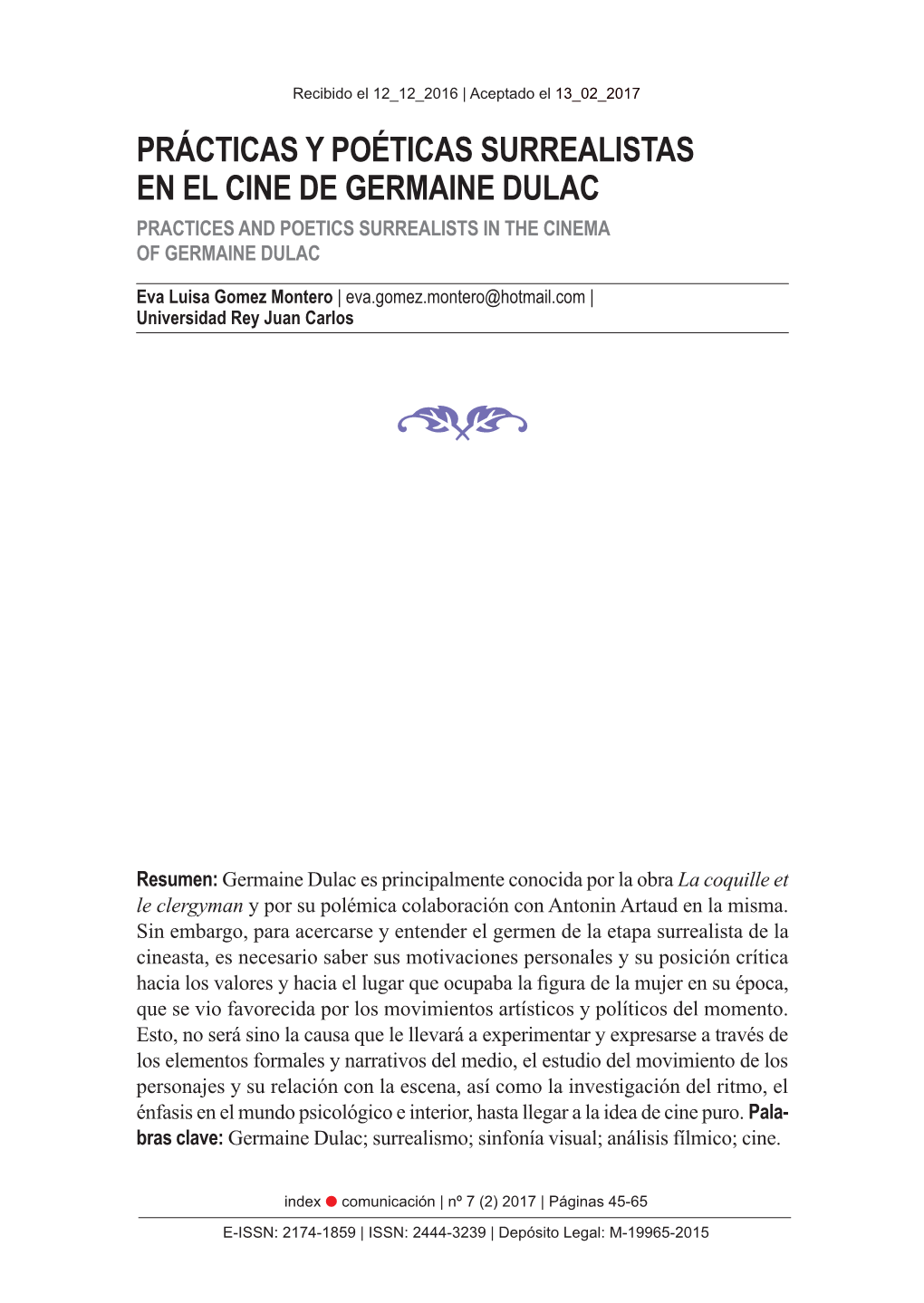 Prácticas Y Poéticas Surrealistas En El Cine De Germaine Dulac Practices and Poetics Surrealists in the Cinema of Germaine Dulac