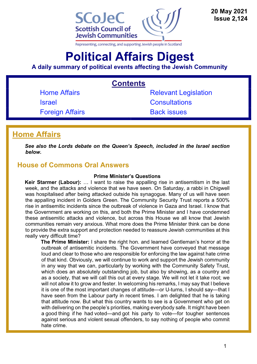 Political Affairs Digest a Daily Summary of Political Events Affecting the Jewish Community