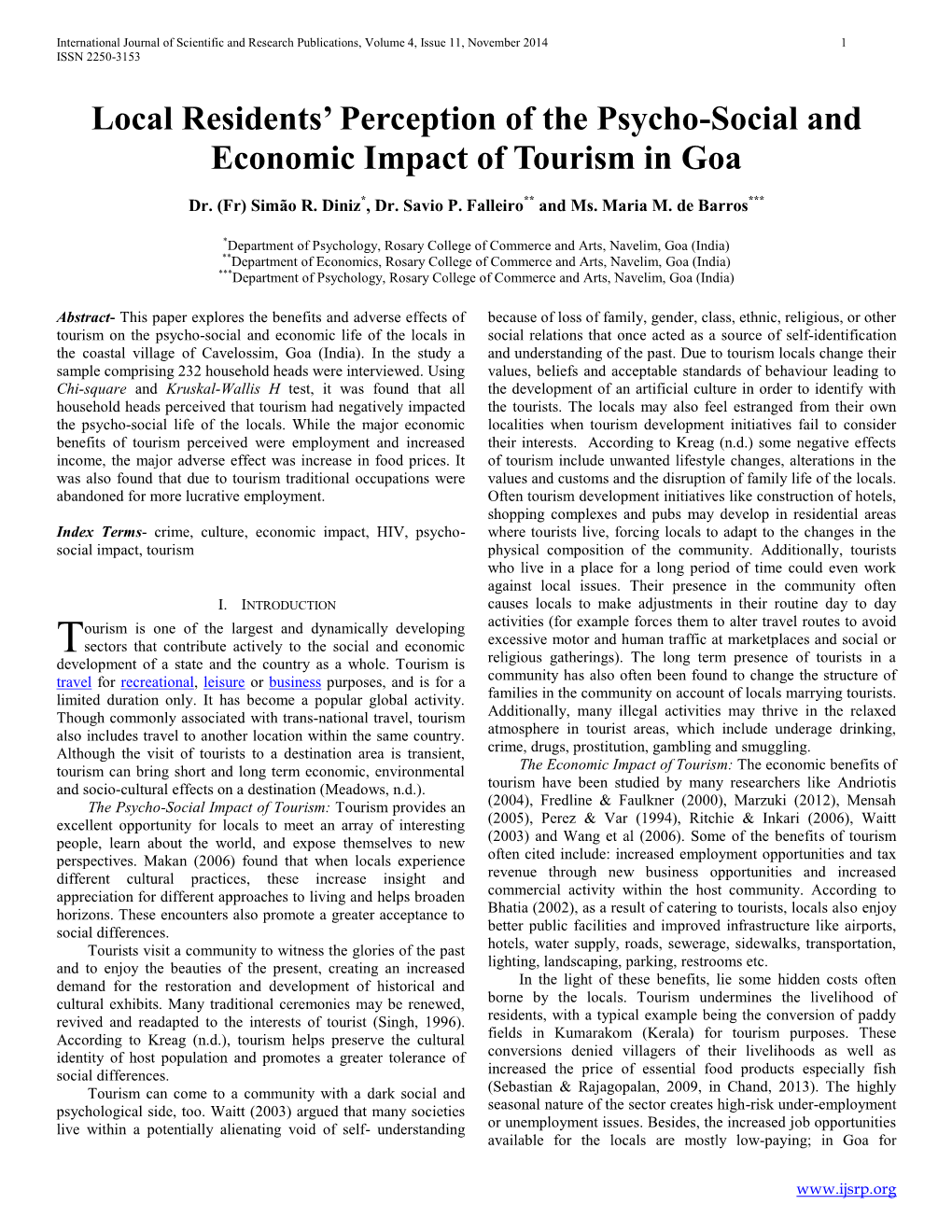 Local Residents' Perception of the Psycho-Social and Economic