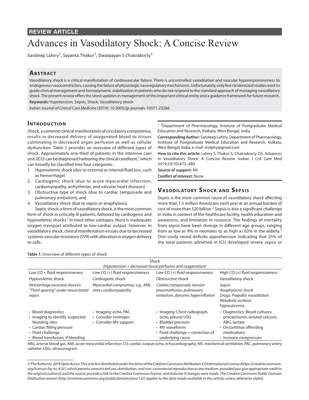 Advances in Vasodilatory Shock: a Concise Review Sandeep Lahiry1, Sayanta Thakur2, Dwaipayan S Chakraborty3