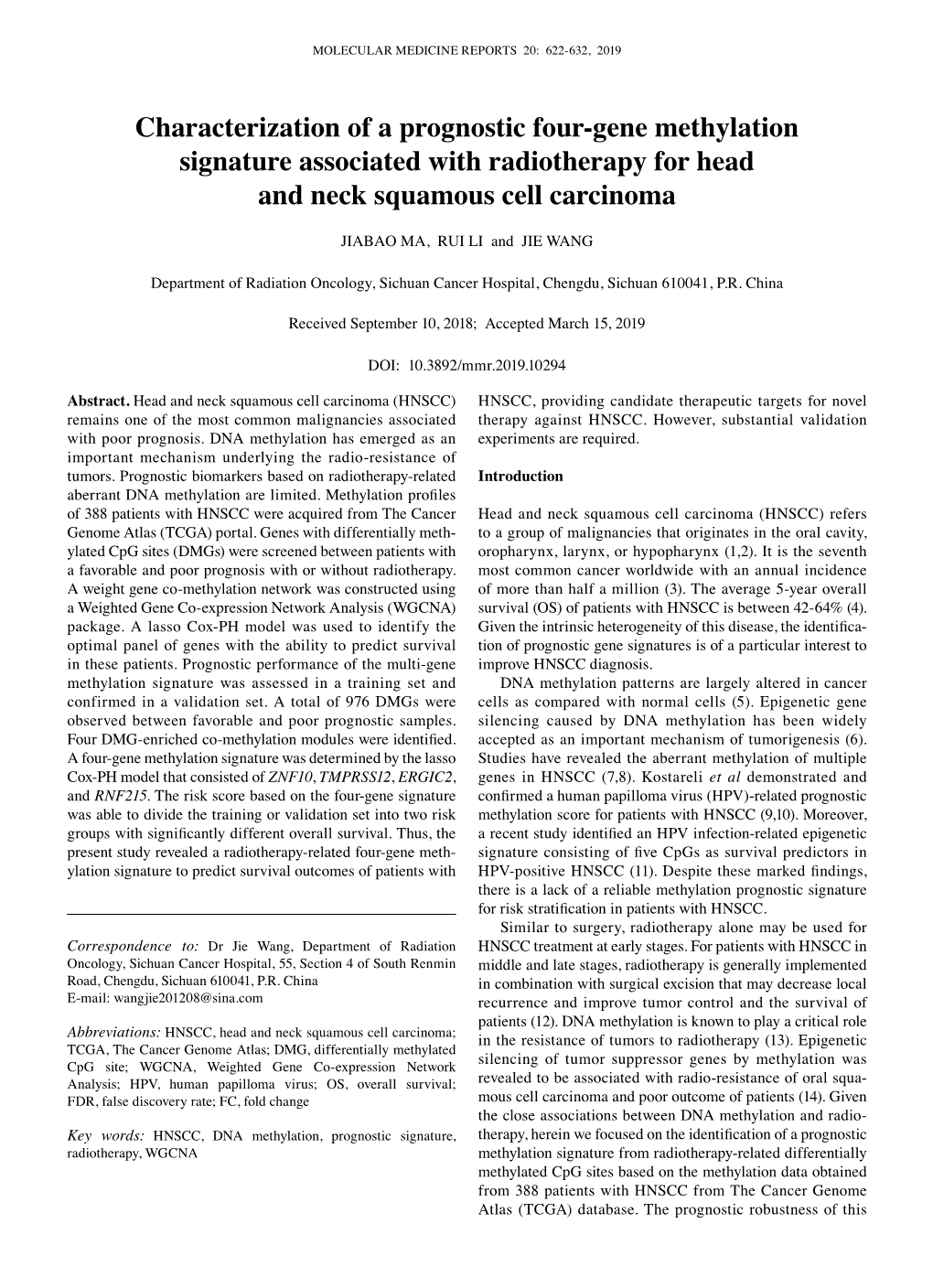 Characterization of a Prognostic Four‑Gene Methylation Signature Associated with Radiotherapy for Head and Neck Squamous Cell Carcinoma