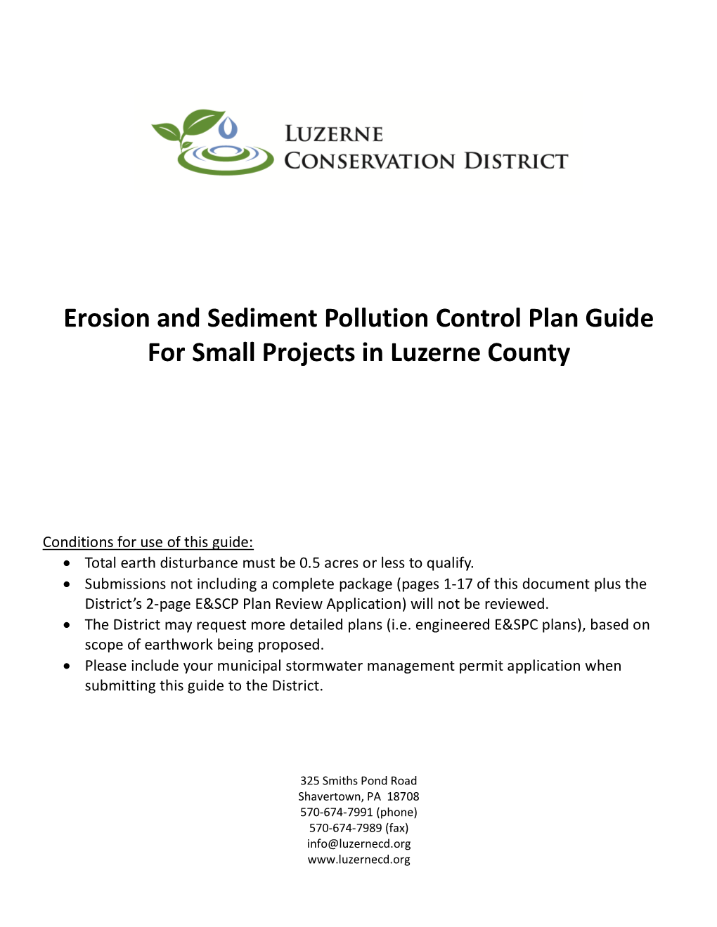 Erosion and Sediment Pollution Control Plan Guide for Small Projects in Luzerne County