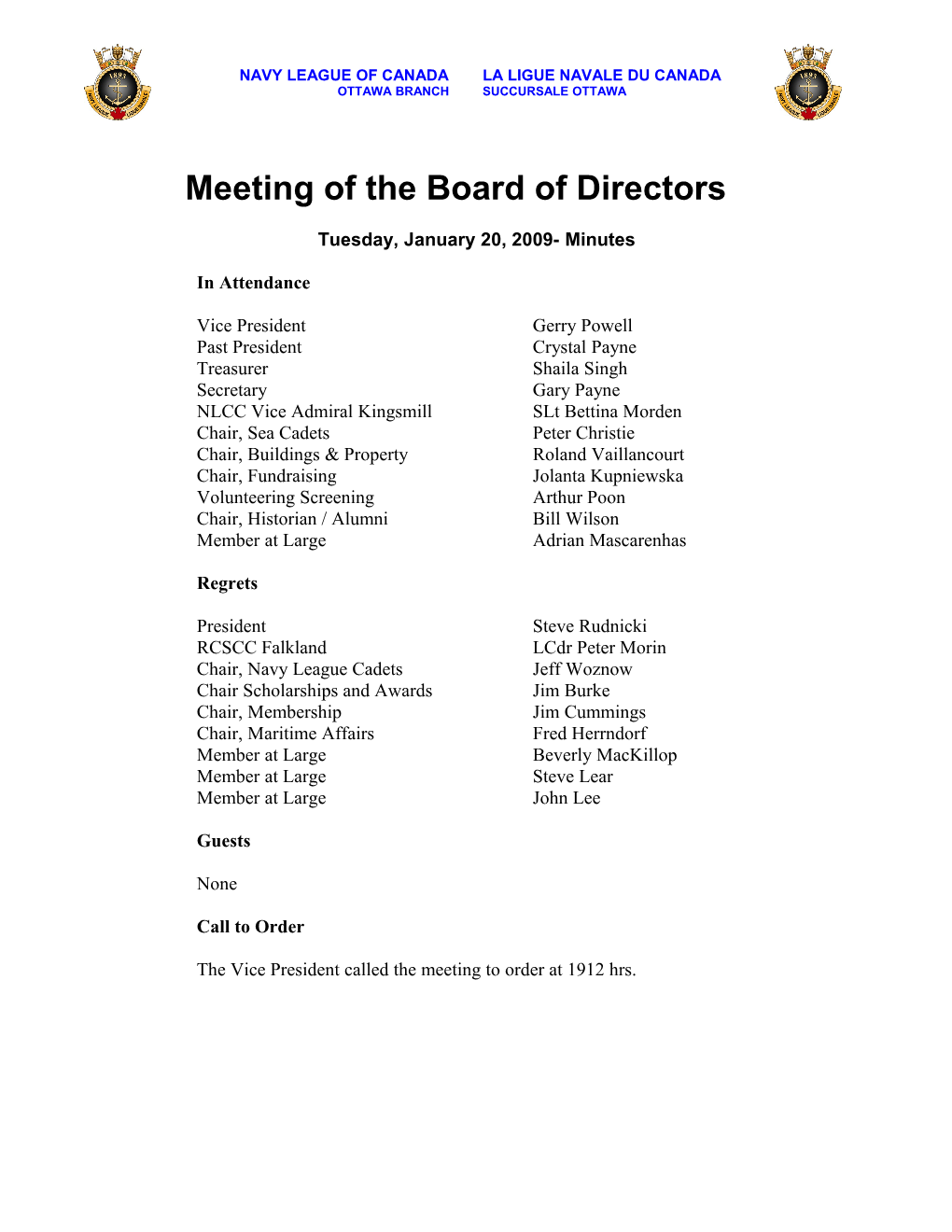 Meeting of the Board of Directors Ottawa Branch