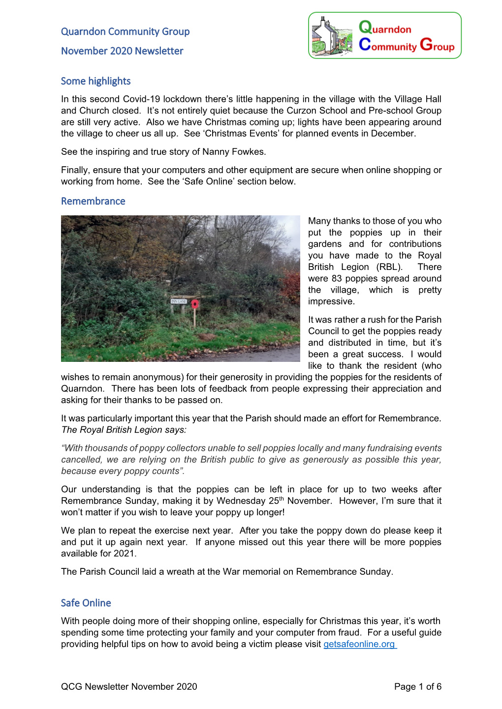 QCG Newsletter November 2020 Page 1 of 6 Quarndon Community Group November 2020 Newsletter