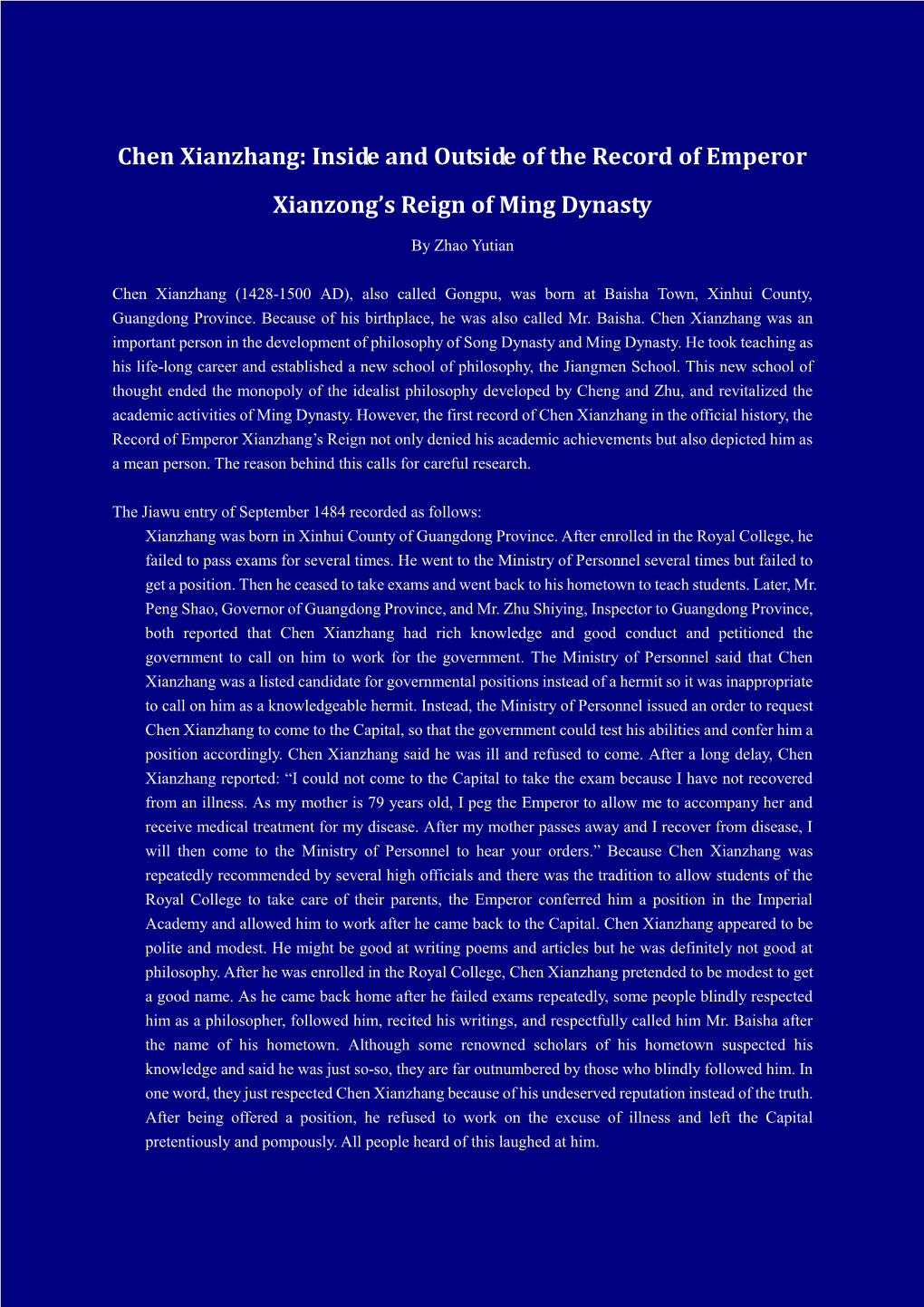 Chen Xianzhang: Inside and Outside of the Record of Emperor Xianzong’S Reign of Ming Dynasty