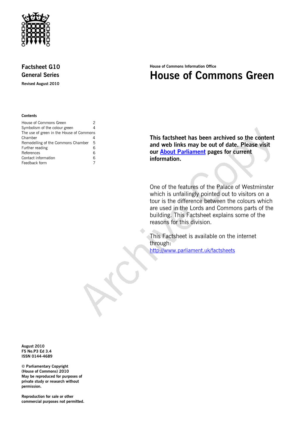 House of Commons Green Revised August 2010