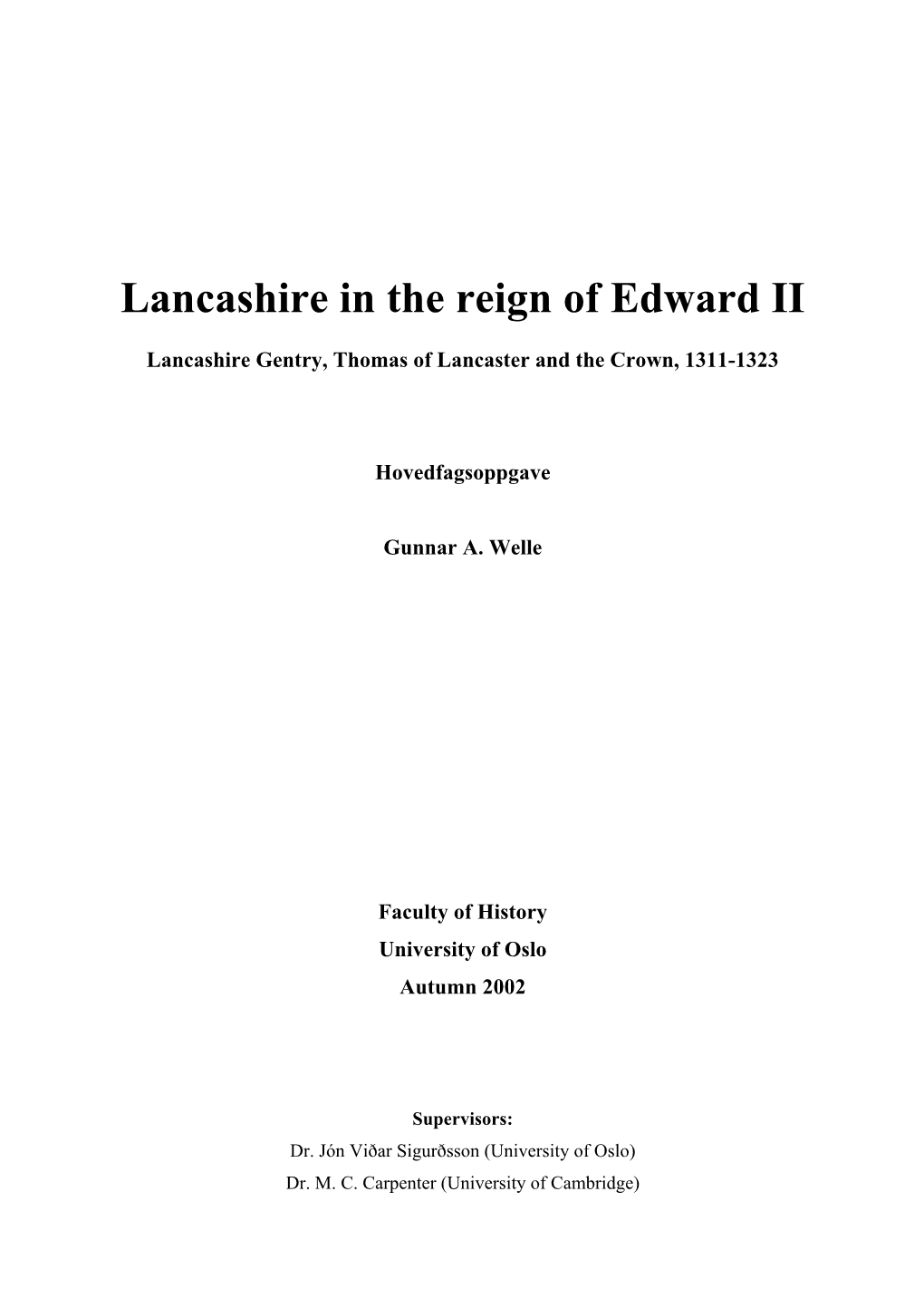 Lancashire in the Reign of Edward II