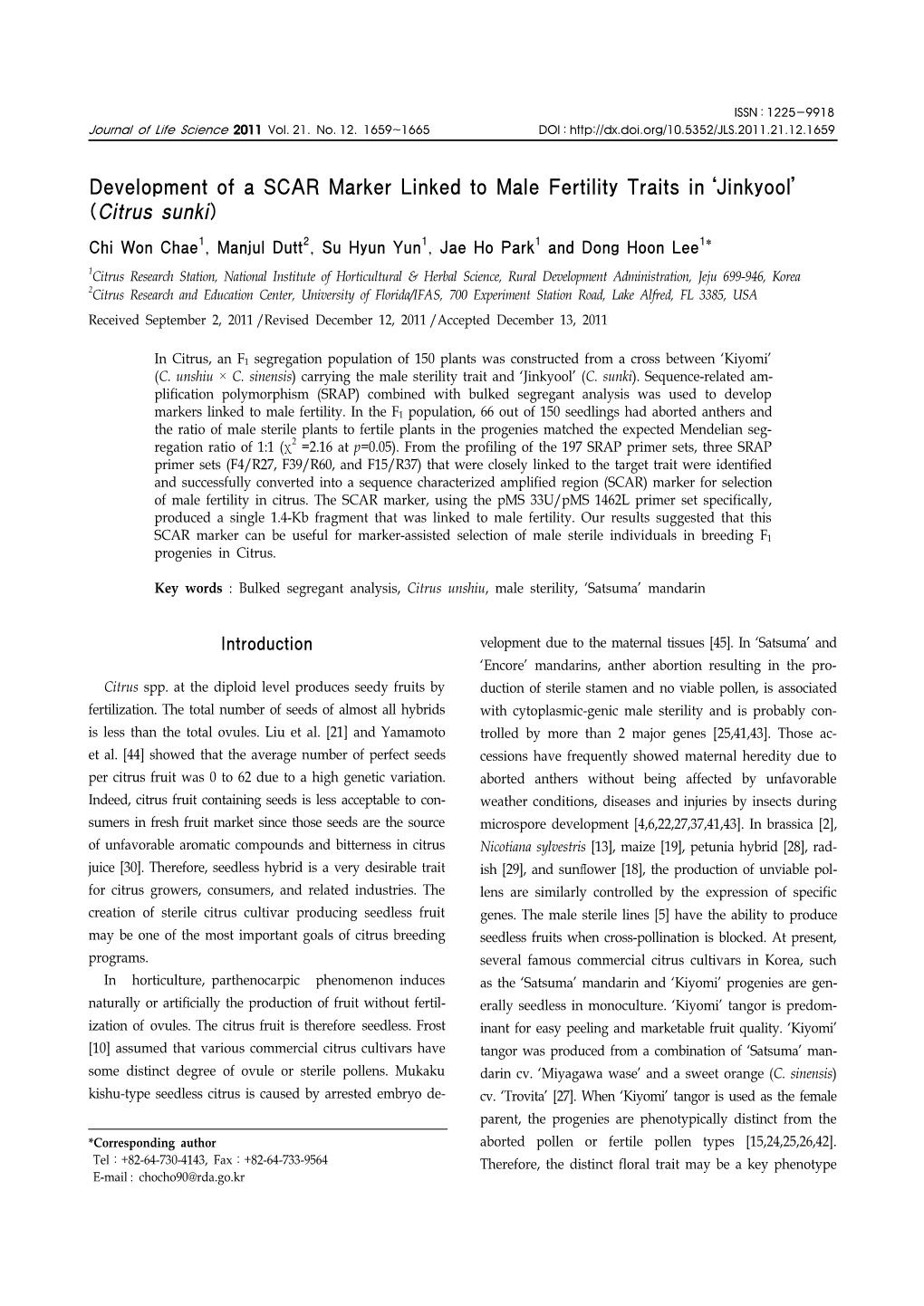 Development of a SCAR Marker Linked to Male Fertility Traits in ‘Jinkyool’ (Citrus Sunki)