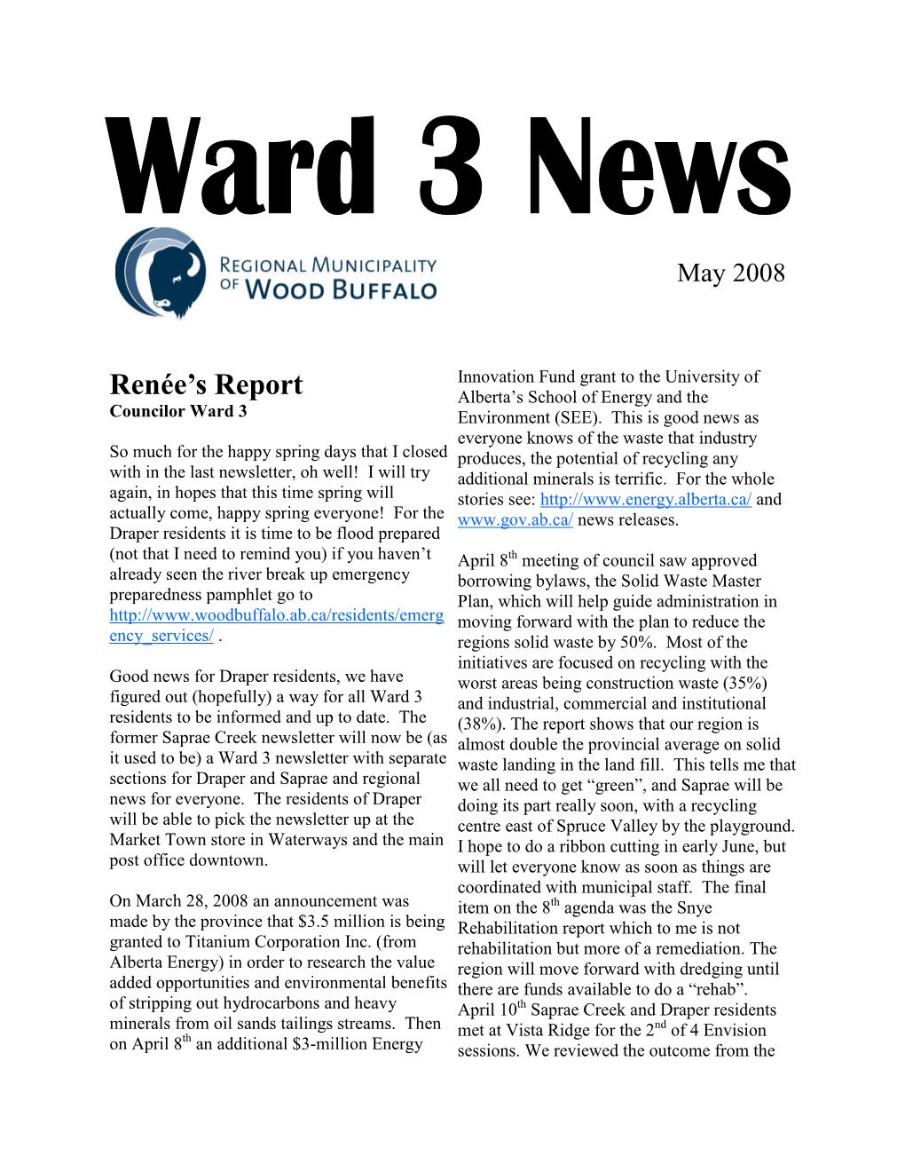 Ward 3 Newsletter with Separate Waste Landing in the Land Fill