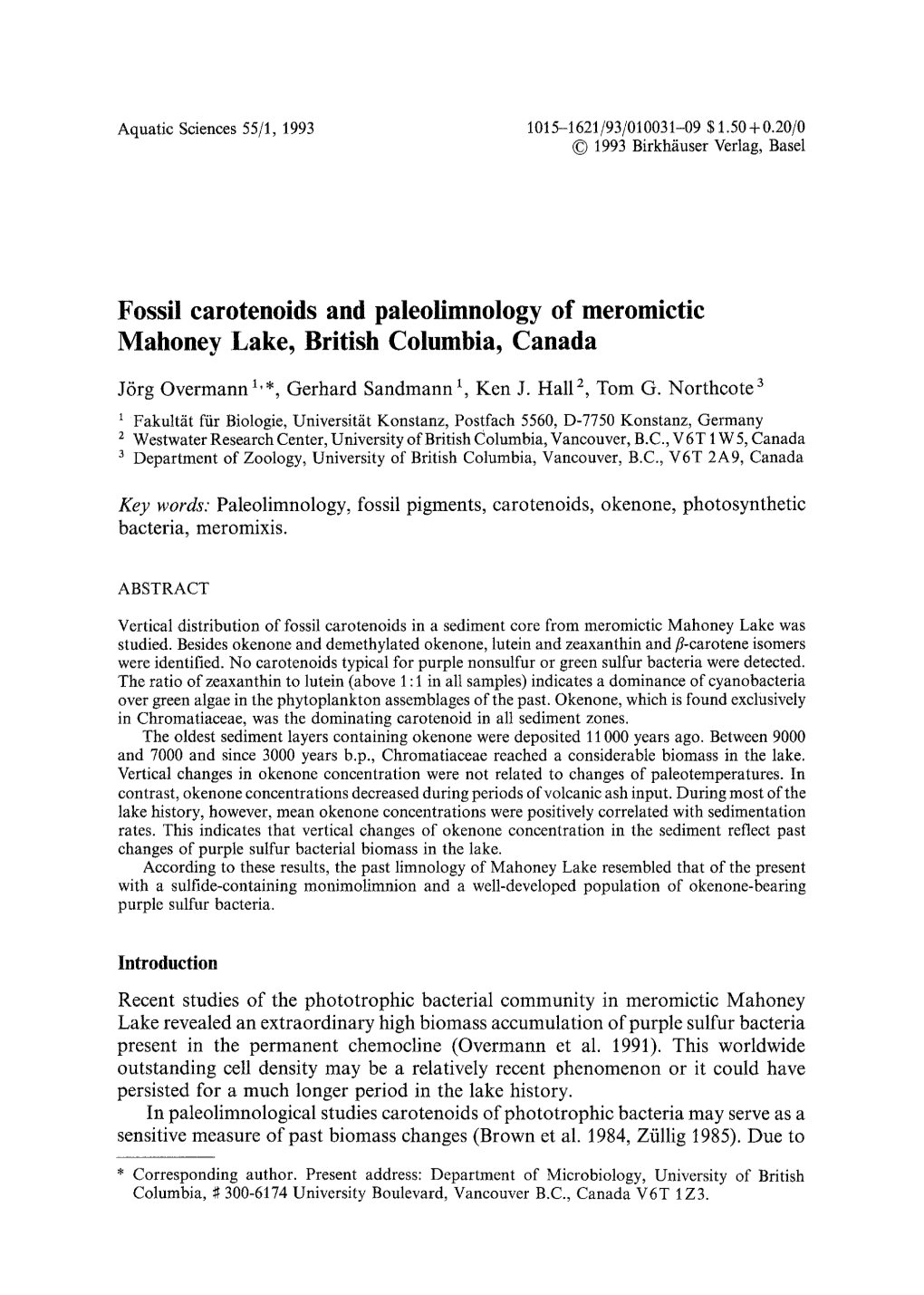 Fossil Carotenoids and Paleolimnology of Meromictic Mahoney Lake, British Columbia, Canada