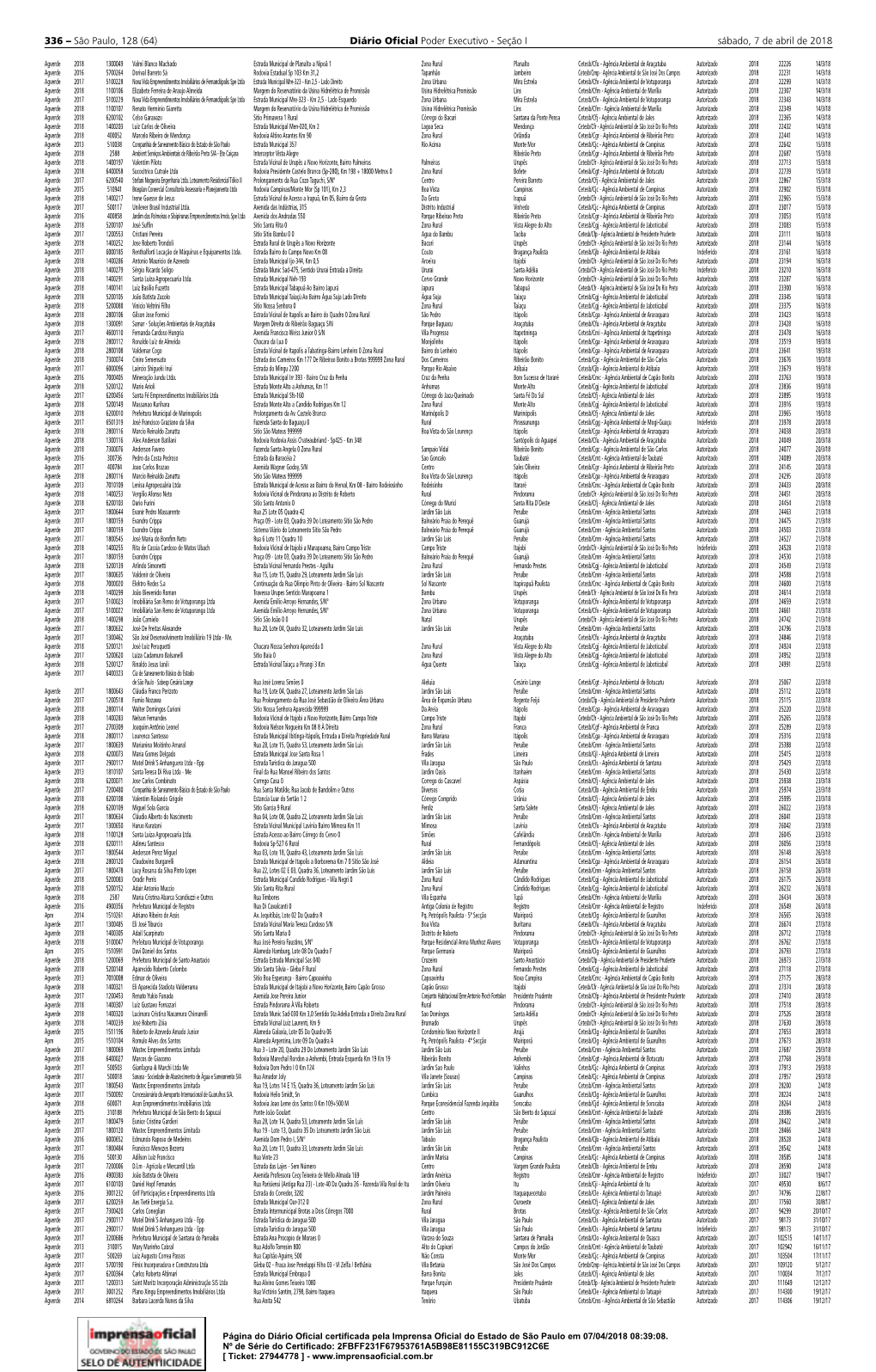 336 – São Paulo, 128 (64) Diário Oﬁ Cial Poder Executivo - Seção I Sábado, 7 De Abril De 2018