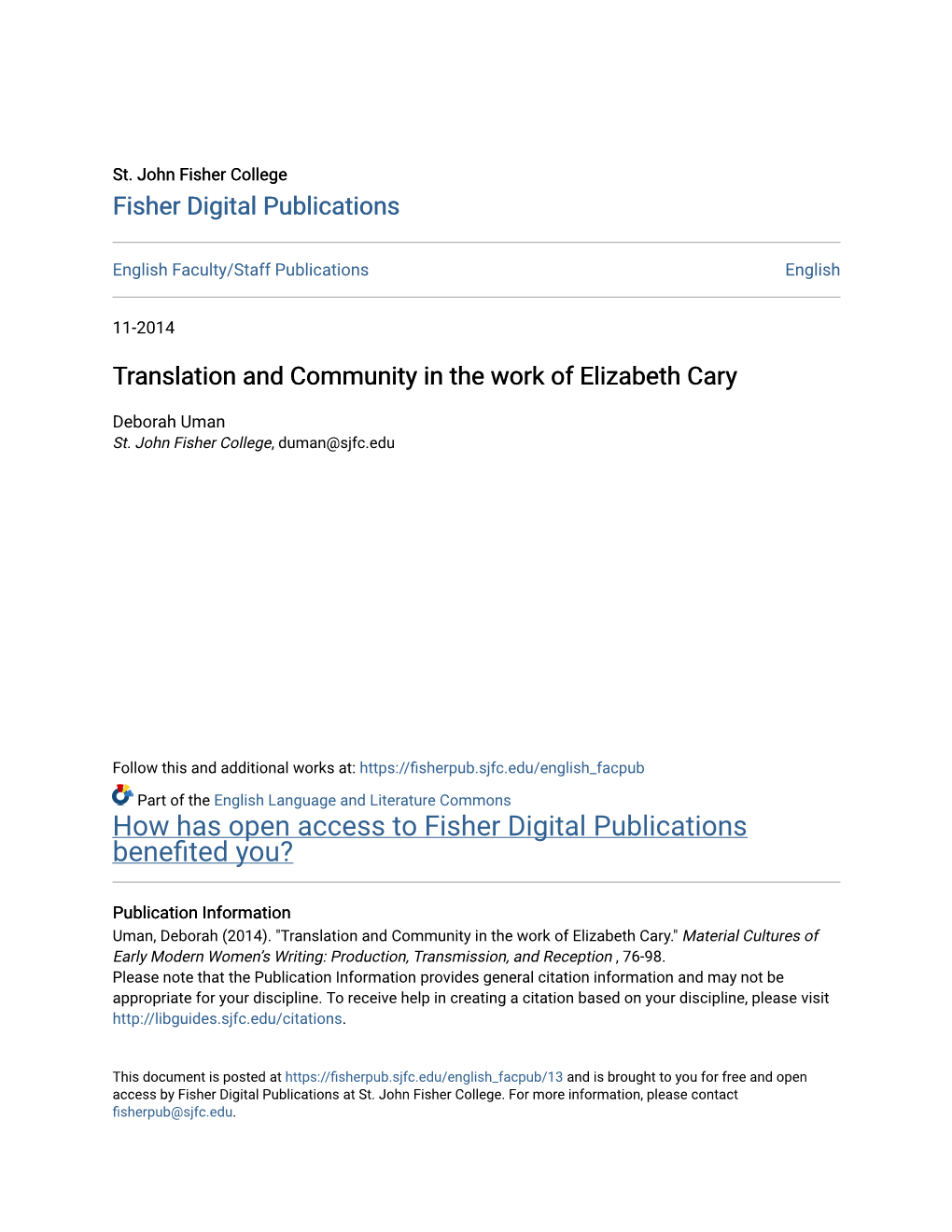 Translation and Community in the Work of Elizabeth Cary