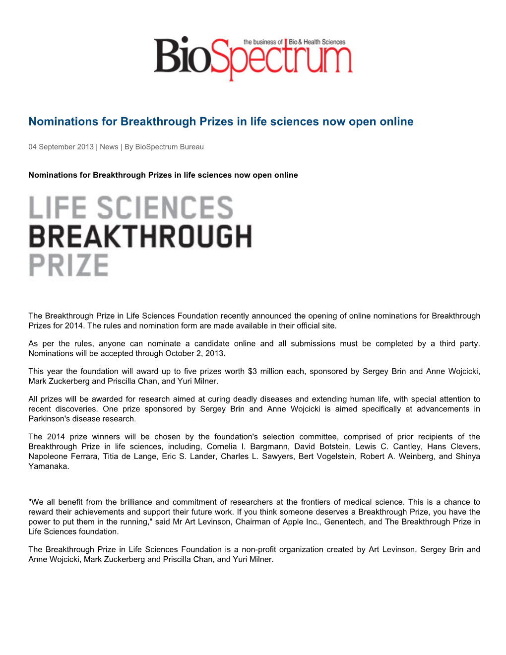 Nominations for Breakthrough Prizes in Life Sciences Now Open Online