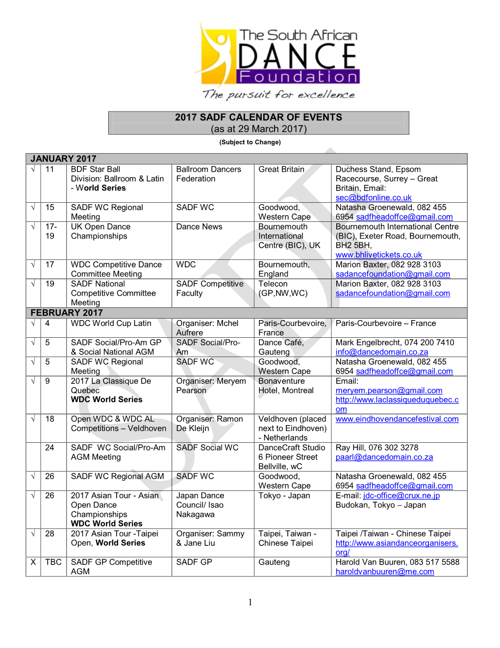 1 2017 SADF CALENDAR of EVENTS (As at 29 March 2017)