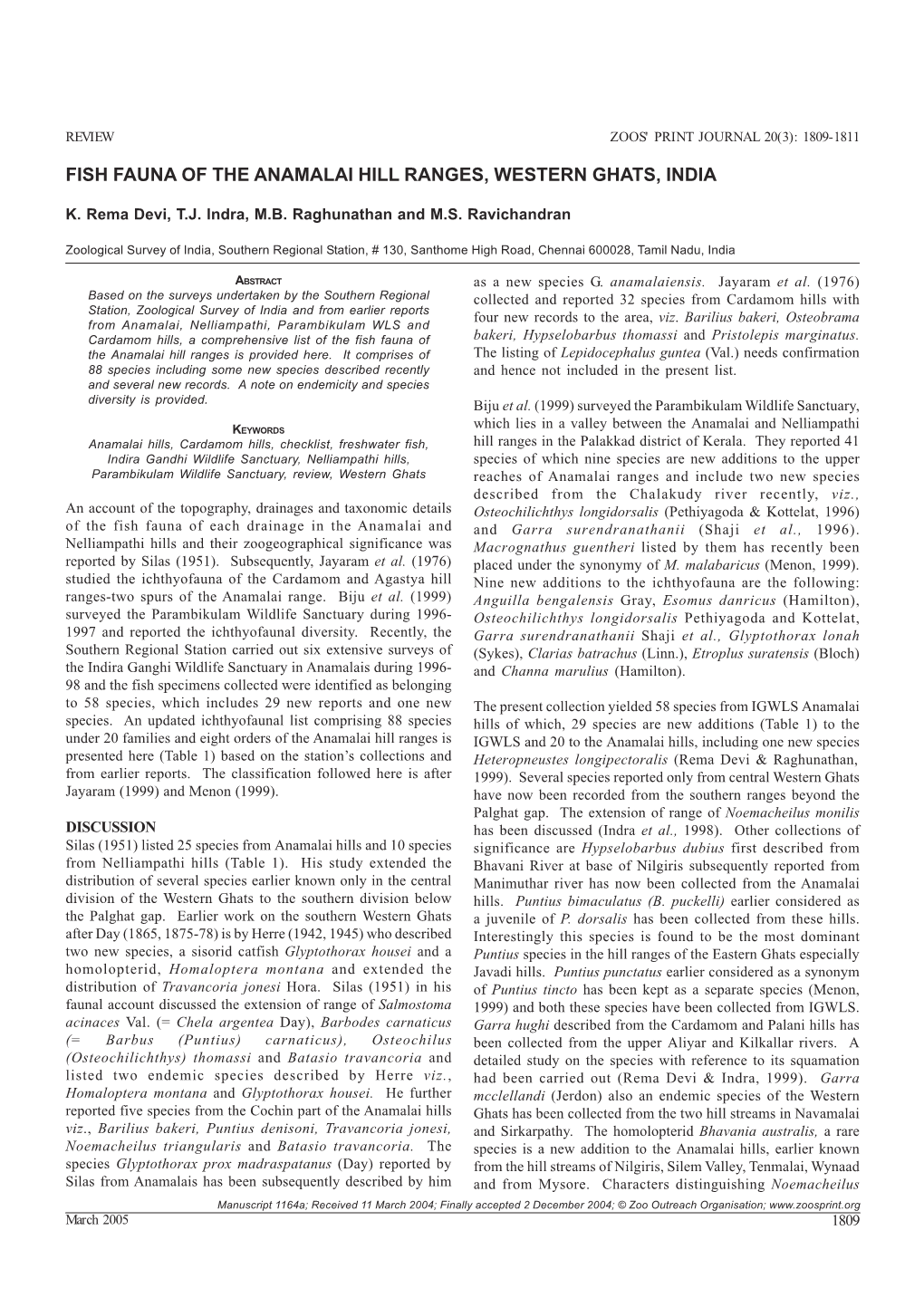 Fish Fauna of the Anamalai Hill Ranges, Western Ghats, India