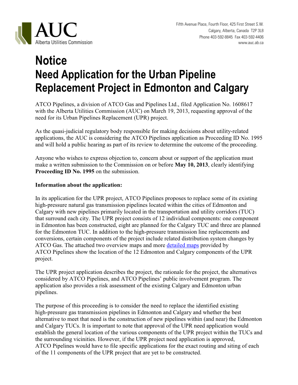 Need Application for the Urban Pipeline Replacement Project in Edmonton and Calgary