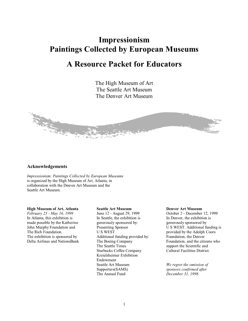 Impressionism Paintings Collected by European Museums a Resource Packet for Educators