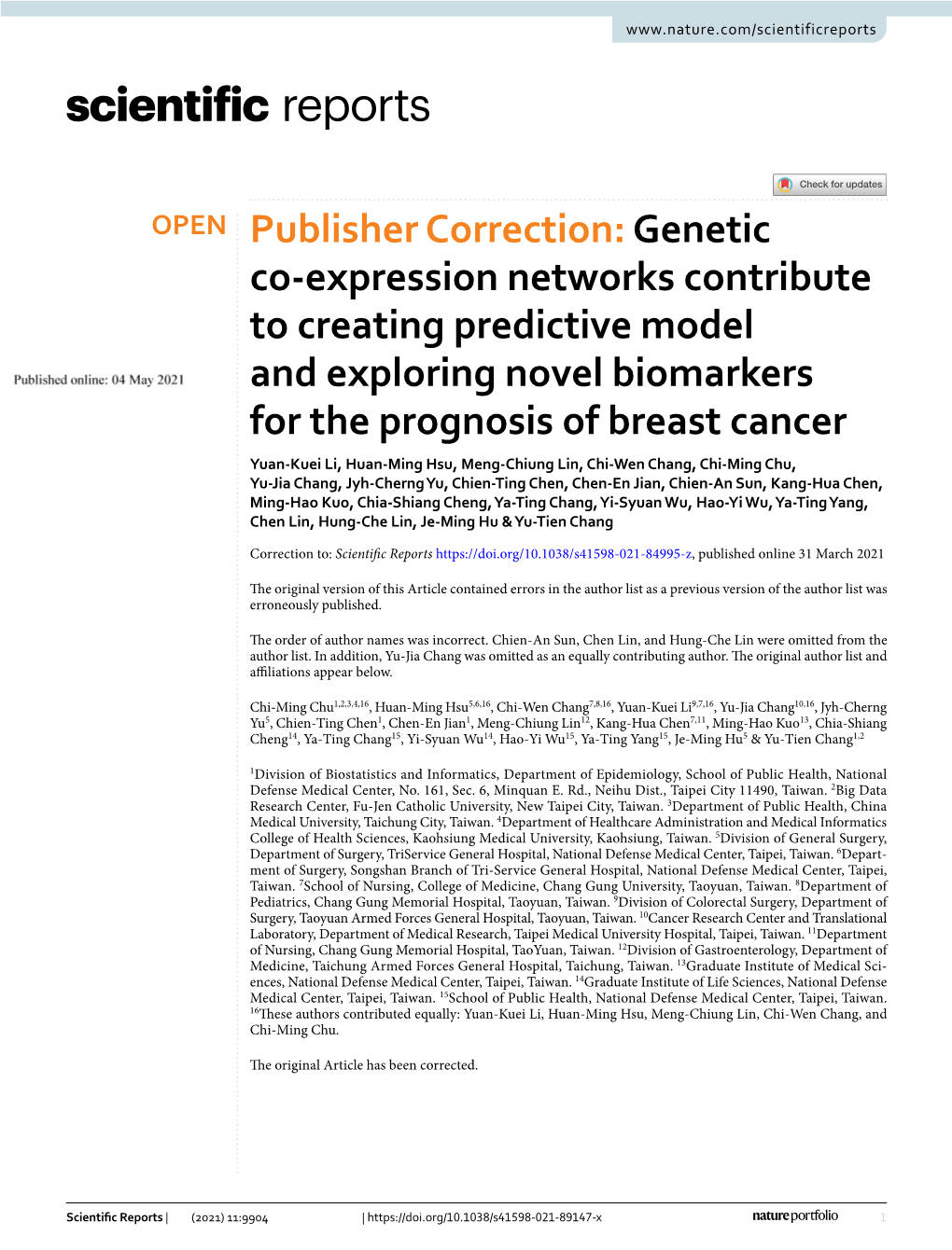 Publisher Correction: Genetic Co-Expression Networks Contribute