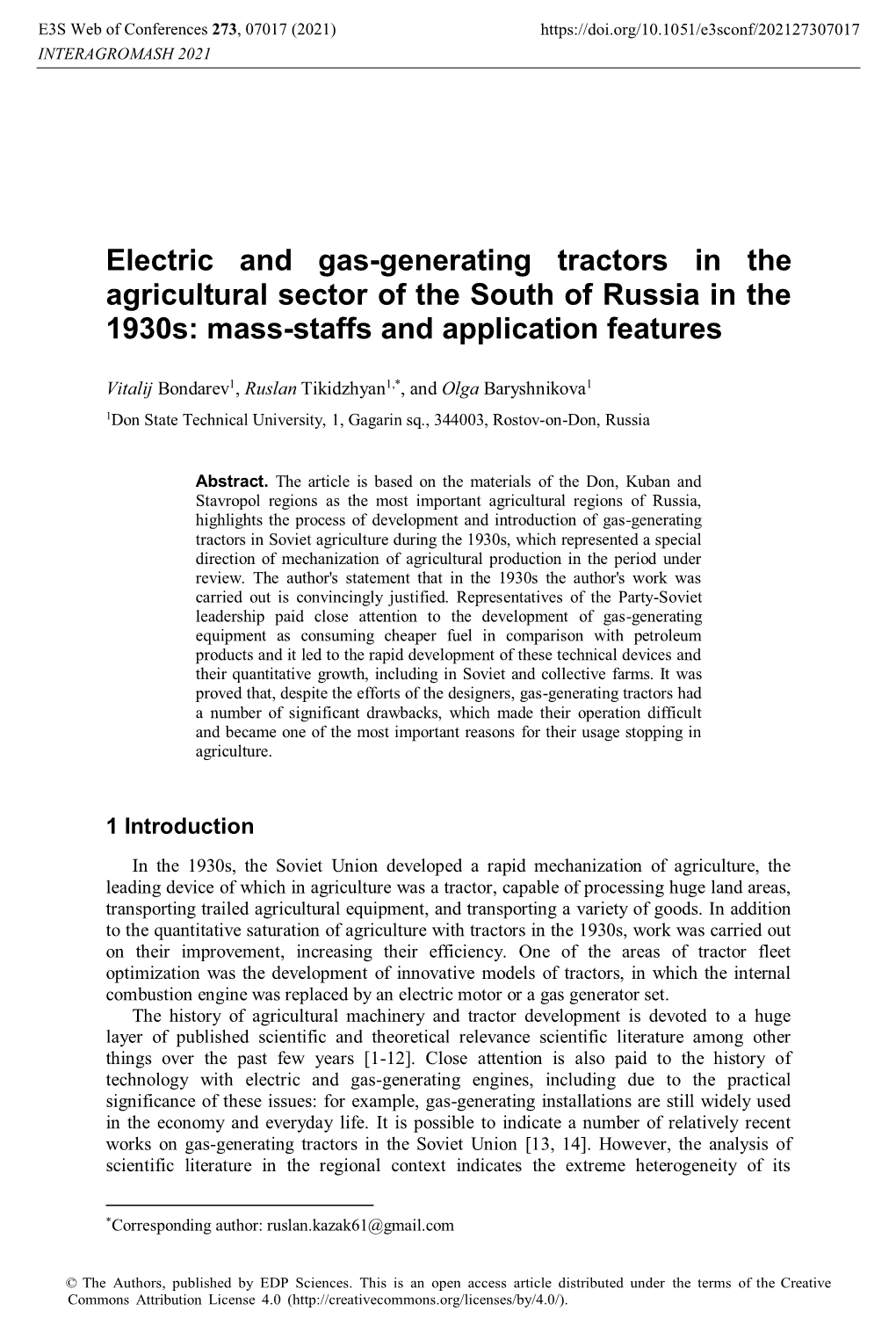 Electric and Gas-Generating Tractors in the Agricultural Sector of the South of Russia in the 1930S: Mass-Staffs and Application Features