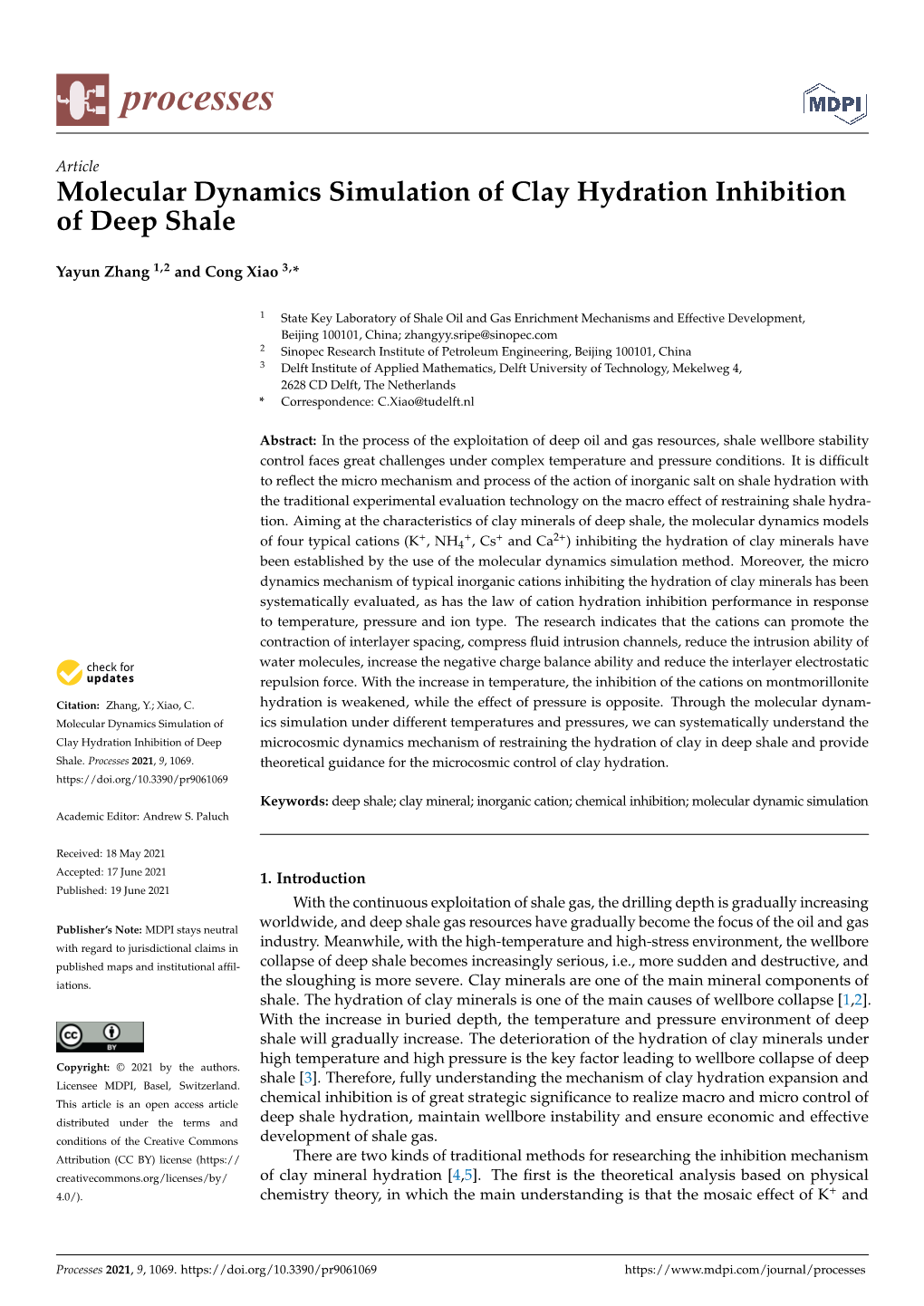 Molecular Dynamics Simulation of Clay Hydration Inhibition of Deep Shale
