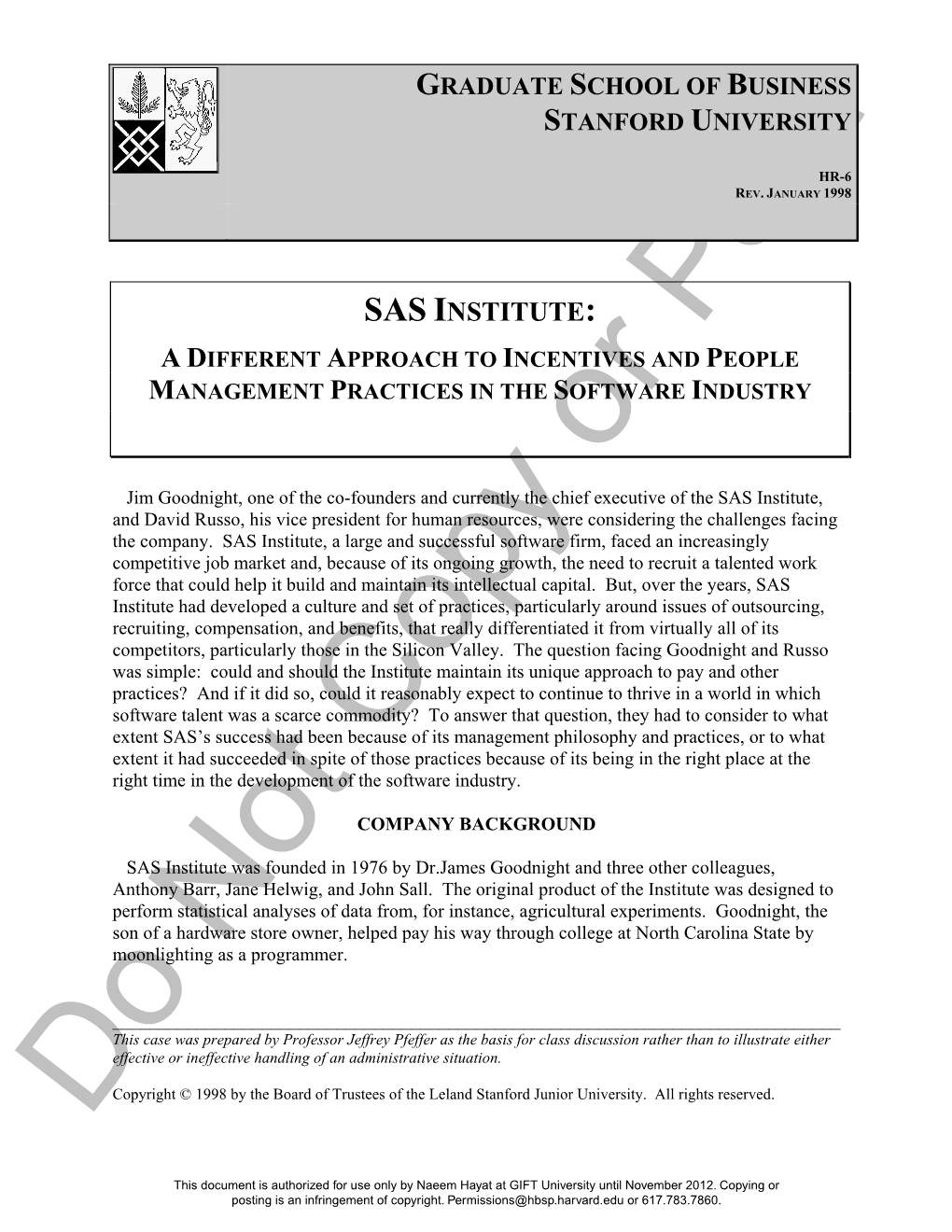 The SAS Institute, and David Russo, His Vice President for Human Resources, Were Considering the Challenges Facing the Company