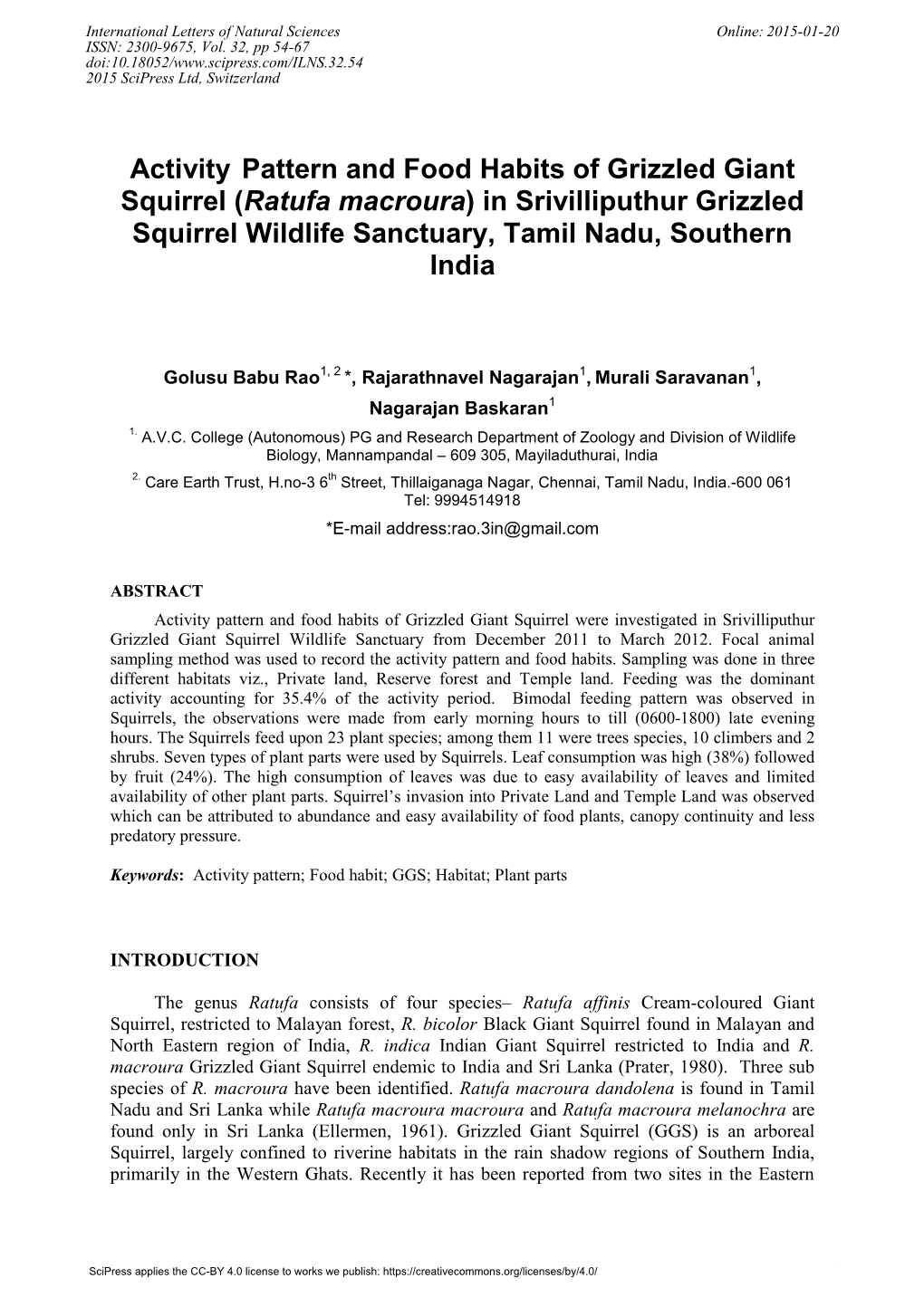 Activity Pattern and Food Habits of Grizzled Giant Squirrel (Ratufa Macroura) in Srivilliputhur Grizzled Squirrel Wildlife Sanctuary, Tamil Nadu, Southern India