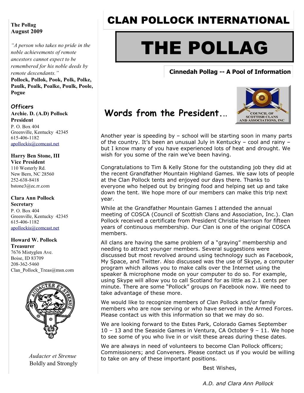 The Pollag CLAN POLLOCK INTERNATIONAL August 2009