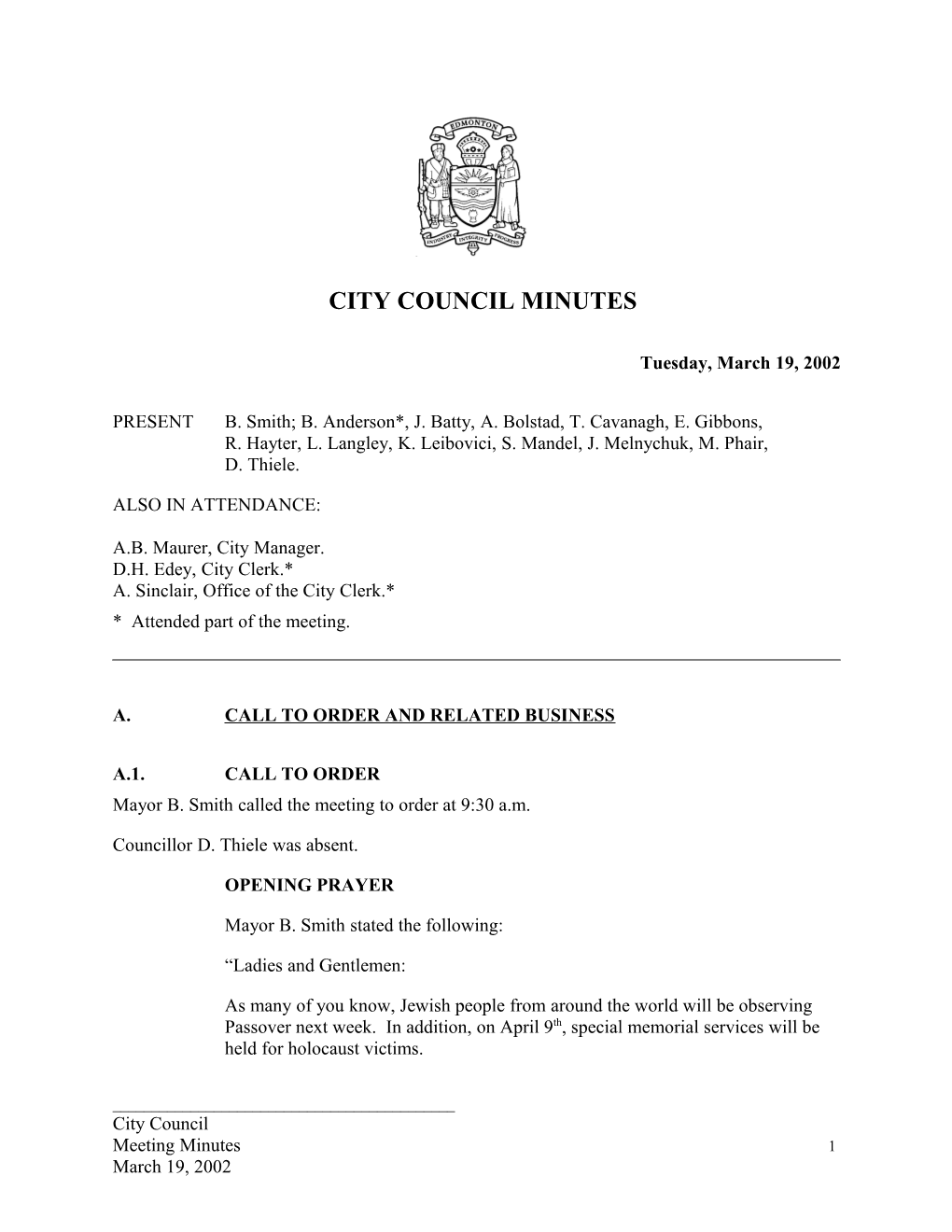 Minutes for City Council March 19, 2002 Meeting