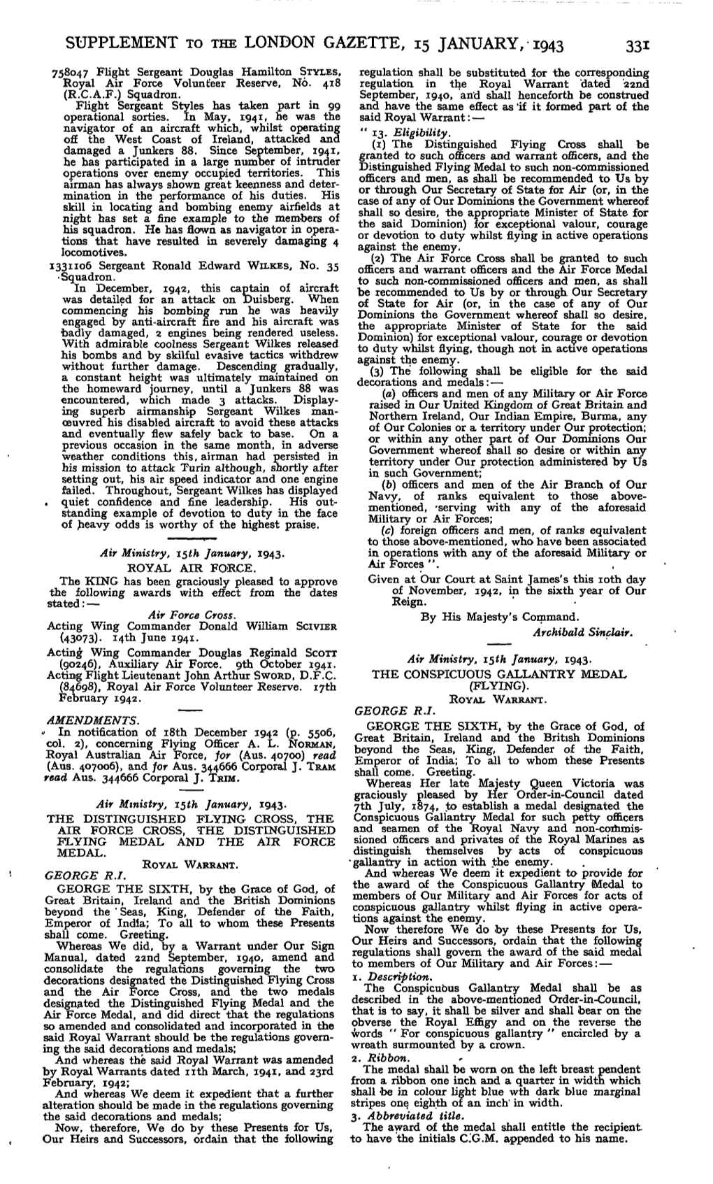 Supplement to the London Gazette, 15 January, 1943