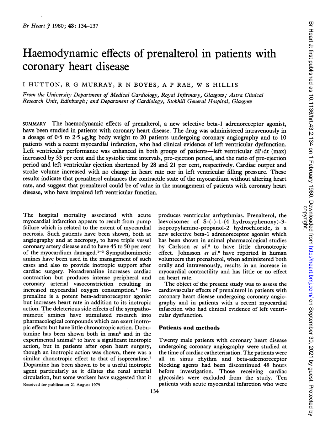 Haemodynamic Effects of Prenalterol in Patients with Coronary Heart Disease