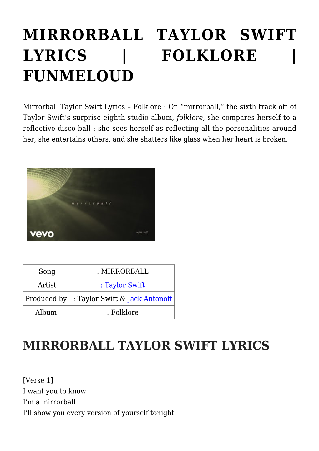 Mirrorball Taylor Swift Lyrics | Folklore | Funmeloud