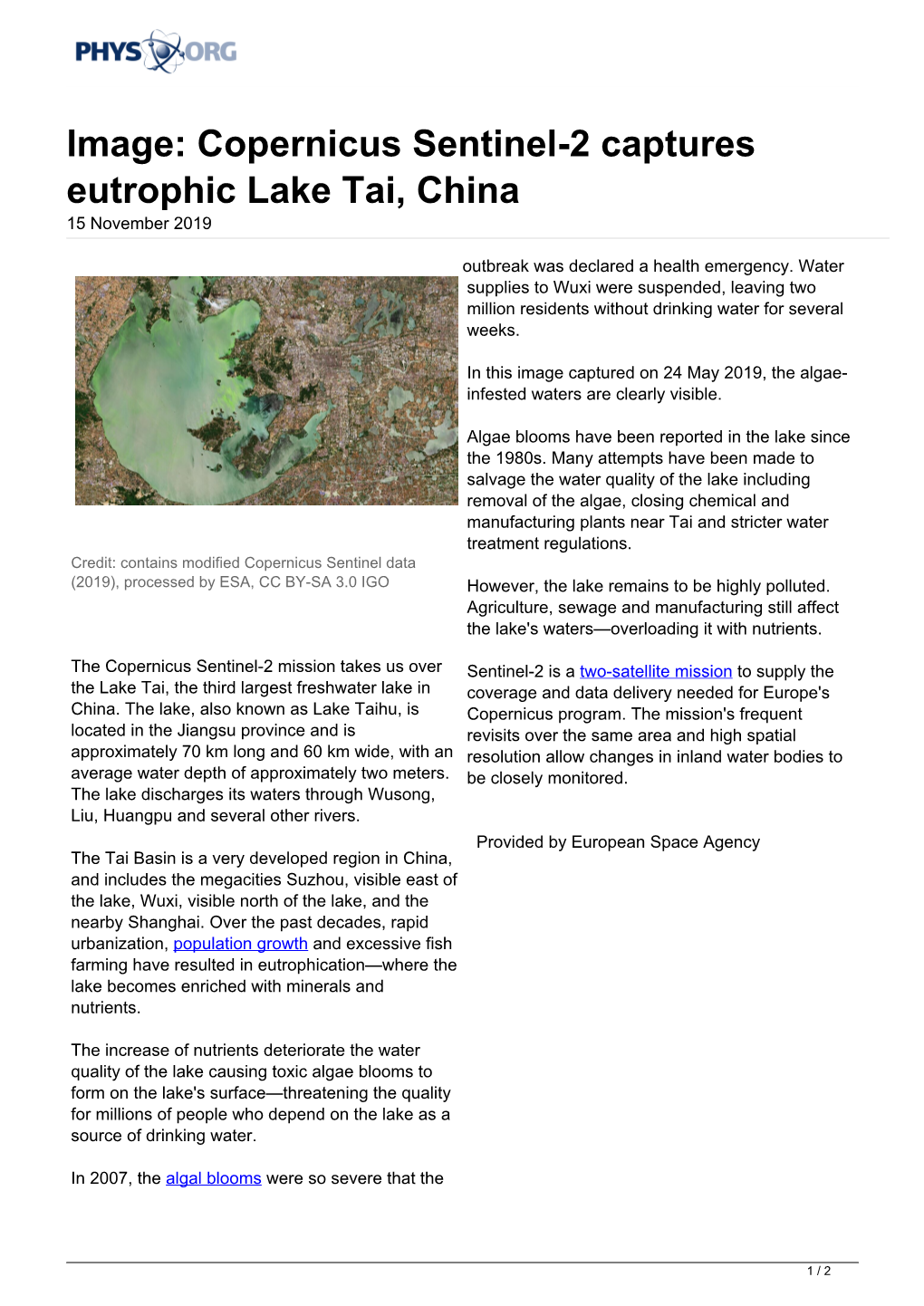 Copernicus Sentinel-2 Captures Eutrophic Lake Tai, China 15 November 2019