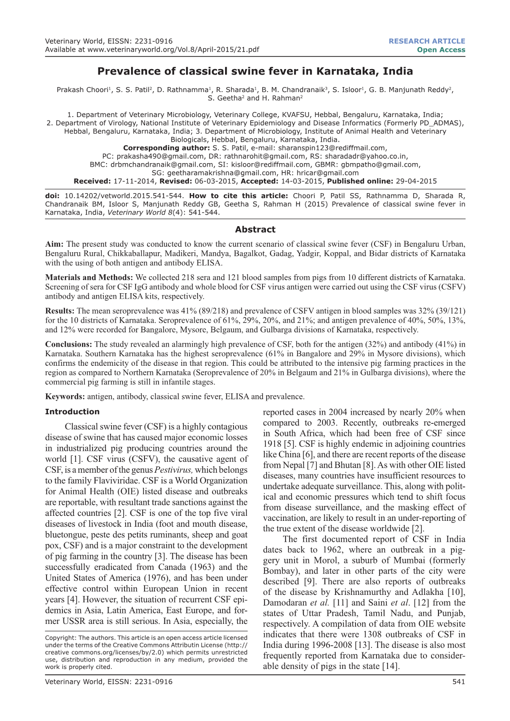 Prevalence of Classical Swine Fever in Karnataka, India