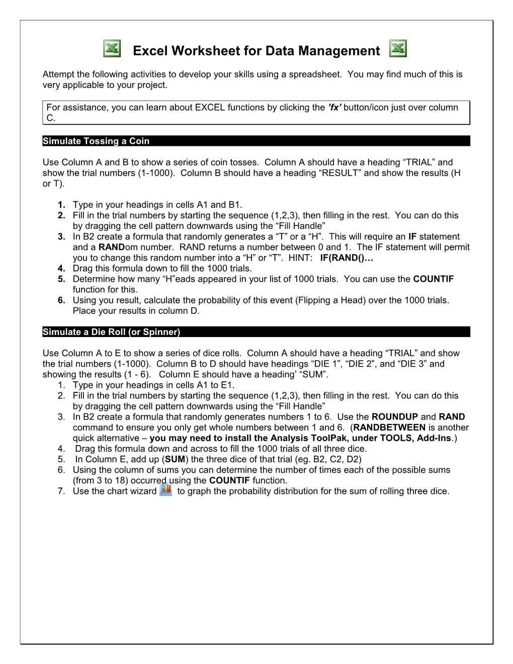 Excel Worksheet for Data Management