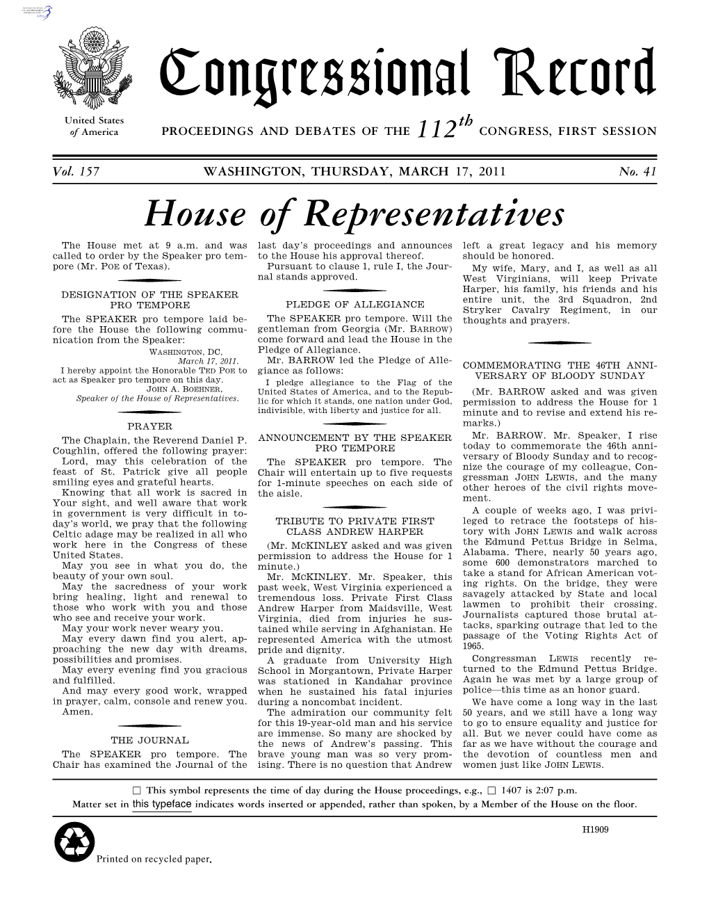 Congressional Record United States Th of America PROCEEDINGS and DEBATES of the 112 CONGRESS, FIRST SESSION