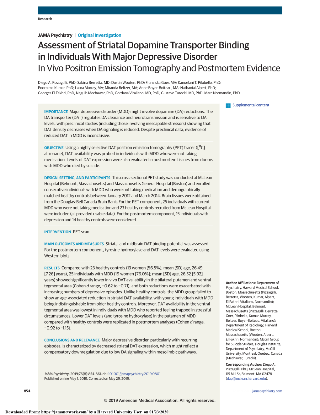 Assessment of Striatal Dopamine Transporter Binding in Individuals with Major Depressive Disorder in Vivo Positron Emission Tomography and Postmortem Evidence